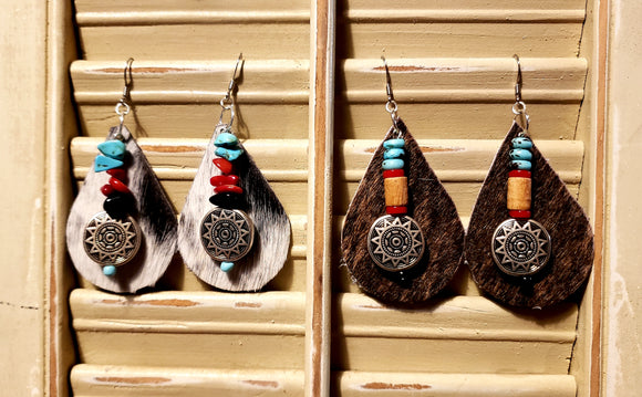 Mandala Cowhide Teardrop Earrings