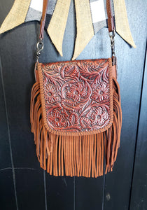 Western Leather Tooled Fringe Crossbody Bag Purse Handbag 100% 